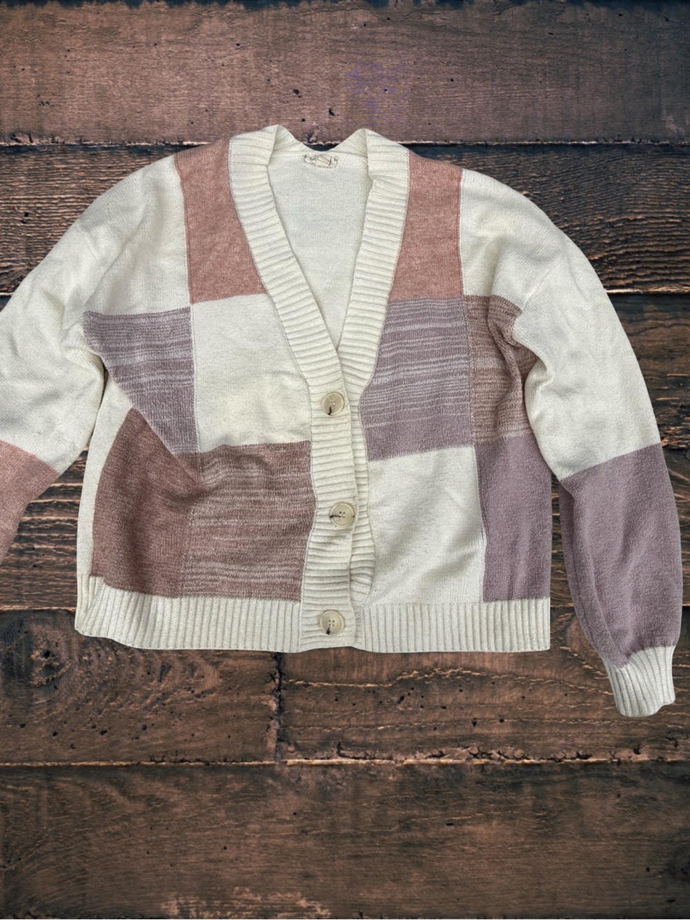Hem & Thread Womens Colorblock Patchwork Cardigan Sweater Large Cream Mauve Pink